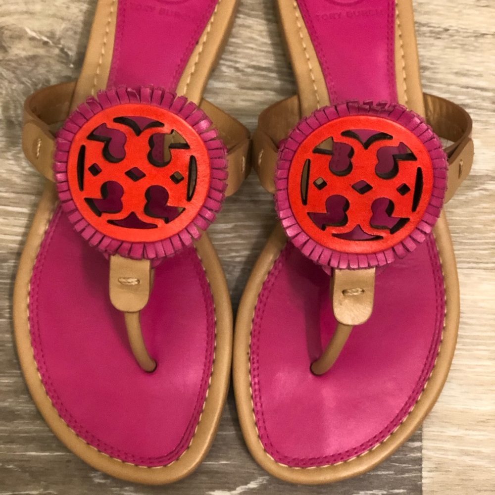 Tory Burch Miller Fringe sandals in hibiscus.